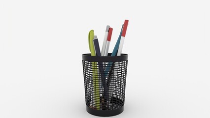 pen and pencil in pen holder with white background