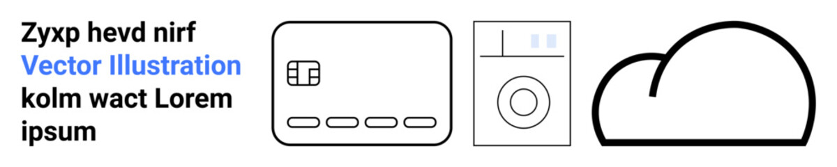Credit card with chip, smart washing machine, and cloud icon representing modern technology integration. Ideal for fintech, smart appliances, IoT, cloud storage, home automation, digital payments