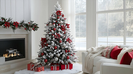 Christmas tree beautifully decorated with red and silver ornaments