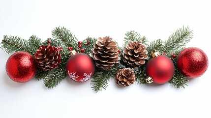 Christmas-themed border with red ornaments and pine cones on a clean white surface for seasonal decorations