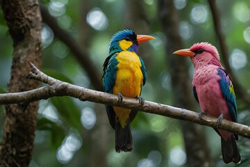 Obraz premium colourful birds on a tree branch