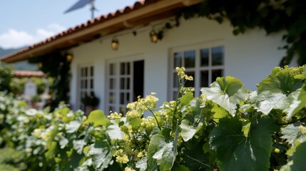 Fototapeta premium Lush Vineyard Vines Growing Before White House Exterior Sunny Day
