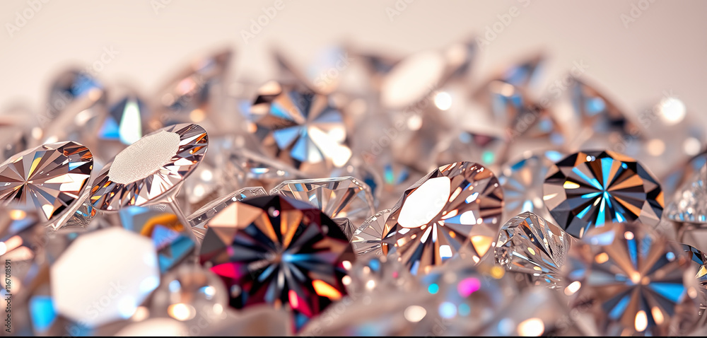 Poster scattered gemstones display intricate cuts and facets, reflecting light in a dazzling array of color