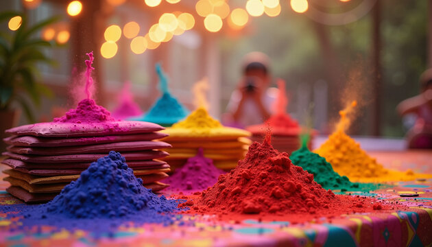 Colorful Holi Powders in Vibrant Colors for Festival of Colors Celebration, Holi party decorations