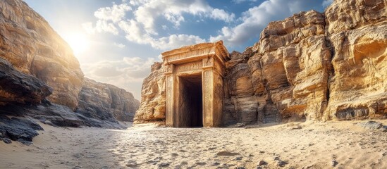 Dramatic entrance to an ancient rock cut cave nestled in the arid rugged desert landscape with dramatic shadows clouds and sunlight  This historic