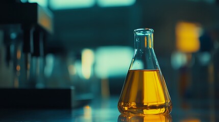 Amber Liquid in Erlenmeyer Flask in a Laboratory Setting