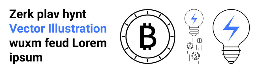 Cryptocurrency symbol B surrounded by a circle, two light bulbs with lightning icons, and text. Ideal for technology, cryptocurrency, modern design, finance, education, innovation, energy. Landing
