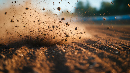Close-up view of flying debris on a dirt race track