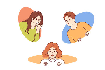 Curious people exchange opinions and are surprised by unexpected rumor peeking out of round holes. Curious men and women smiling or showing shocked emotions after receiving breaking news