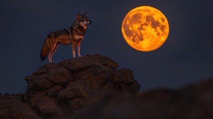 Fototapeta premium Lone wolf standing on a rock, gazing at a large orange moon in the night sky.
