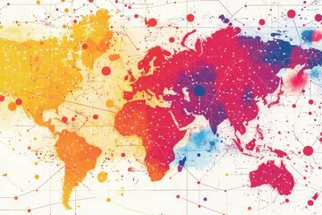 Fototapeta premium Colorful world map, interconnected nodes, abstract style.