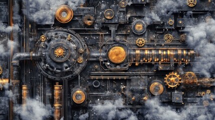Fototapeta premium Steampunk-style intricate machinery with gears, pipes, and clouds.
