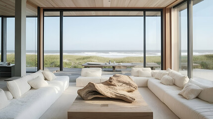 Coastal living room with retractable glass walls, ocean views, and a driftwood centerpiece