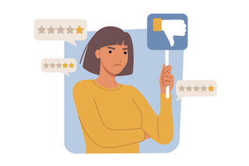 Dissatisfied woman customer gives bad ratings and spoils company reputation due to negative user experience. One star and thumbs down from girl internet app users because of negative user experience
