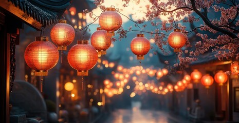 Chinese New Year Celebration with Traditional Red Lanterns Hanging in Vibrant Street Scene and Blurred Night Background
