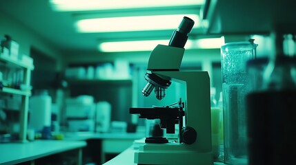 Fototapeta premium Microscope in a Teal Lit Laboratory