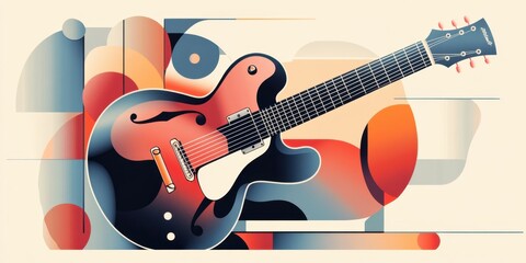A classic guitar is highlighted in a blend of colors and geometric shapes. The artwork captures the essence of music with modern, creative flair