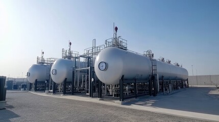 Massive LPG tanks at a large industrial site, with pipes and gauges visible, under a clear sky