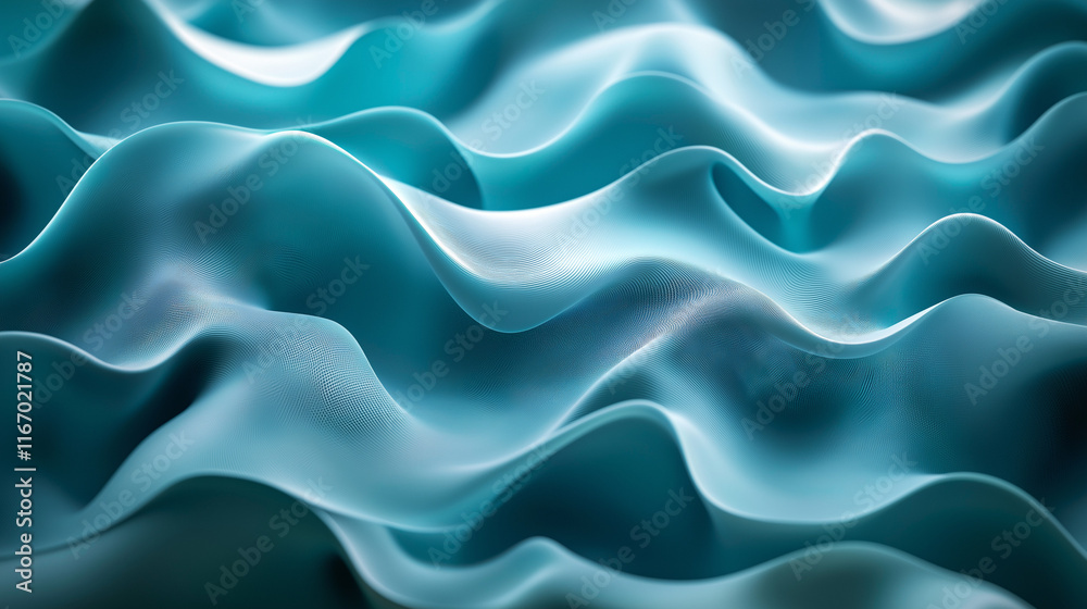 Poster abstract flowing digital waves with a 3d effect in shades of teal, blue, and white. the design mimic