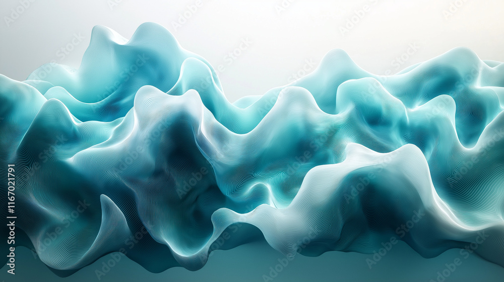 Poster Abstract flowing digital waves with a 3D effect in shades of teal, blue, and white. The design mimics fluidity and data movement in a futuristic style.