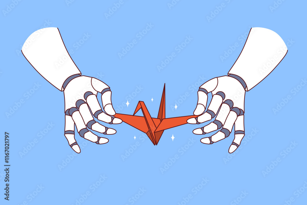 Wall mural paper swan in hands of robot demonstrating creative skills thanks to artificial intelligence trainin