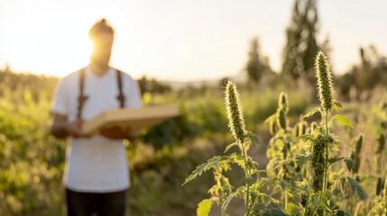 Agricultural Researcher Examining Plants in Golden Hour Sunlight