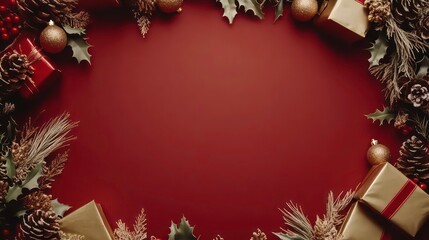 Elegant Christmas Frame Flat Lay on a Red Background with Gold Decorations and Gifts. Holiday Frame with Top View, Copy Space