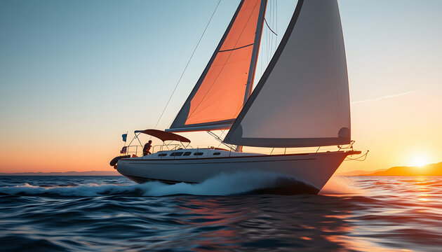 Sailboat going fast during sunset, dreamy atmosphere. isolated with white highlights