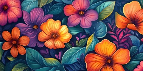 Vibrant flowers in various shades of orange, purple, and pink are interspersed with lush green leaves, creating a lively tropical pattern