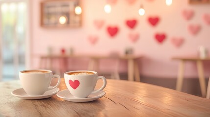 Fototapeta premium Cozy Coffee Cups with Heart Latte Art and Romantic Bokeh Lights 3