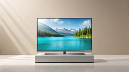 Fototapeta premium A sleek television displaying a serene landscape with mountains and a turquoise lake, set against a minimalist background.