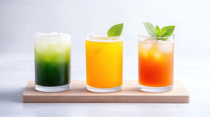 Fototapeta premium Three colorful beverages on a wooden tray, showcasing refreshing drinks.