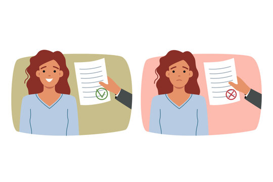 Document with permission or prohibition near woman who received notice from tax department. Girl smiles after receiving positive answer and is upset because of document with refutation