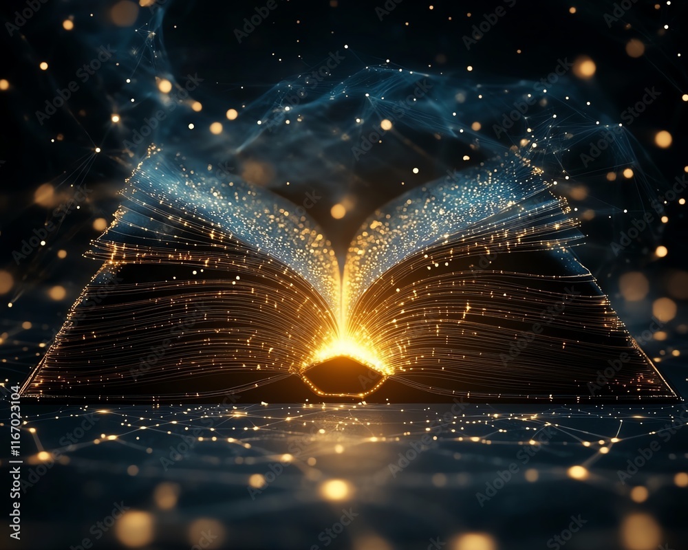 Fototapete open book glowing with ethereal light, casting enchanting rays that weave into an abstract, technolo
