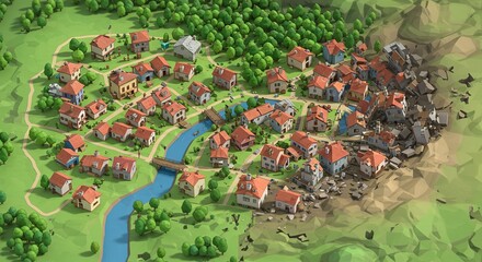 Obraz premium Charming River Village with Lush Greenery and Damaged Area. Exploring Contrasts in Rural Life.