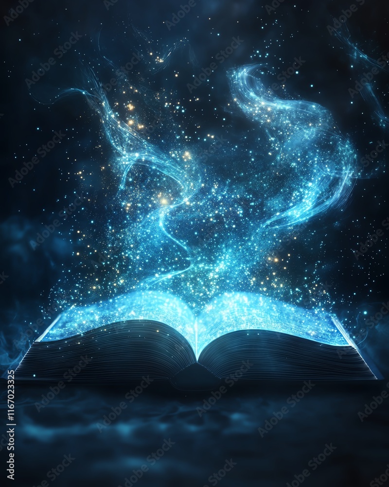 Fototapete open book with a glowing, ethereal light, casting captivating rays that create an abstract, technolo