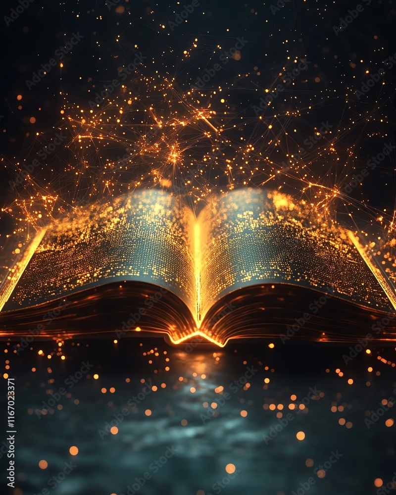 Fototapete open book with a glowing, ethereal light, casting captivating rays that create an abstract, technolo