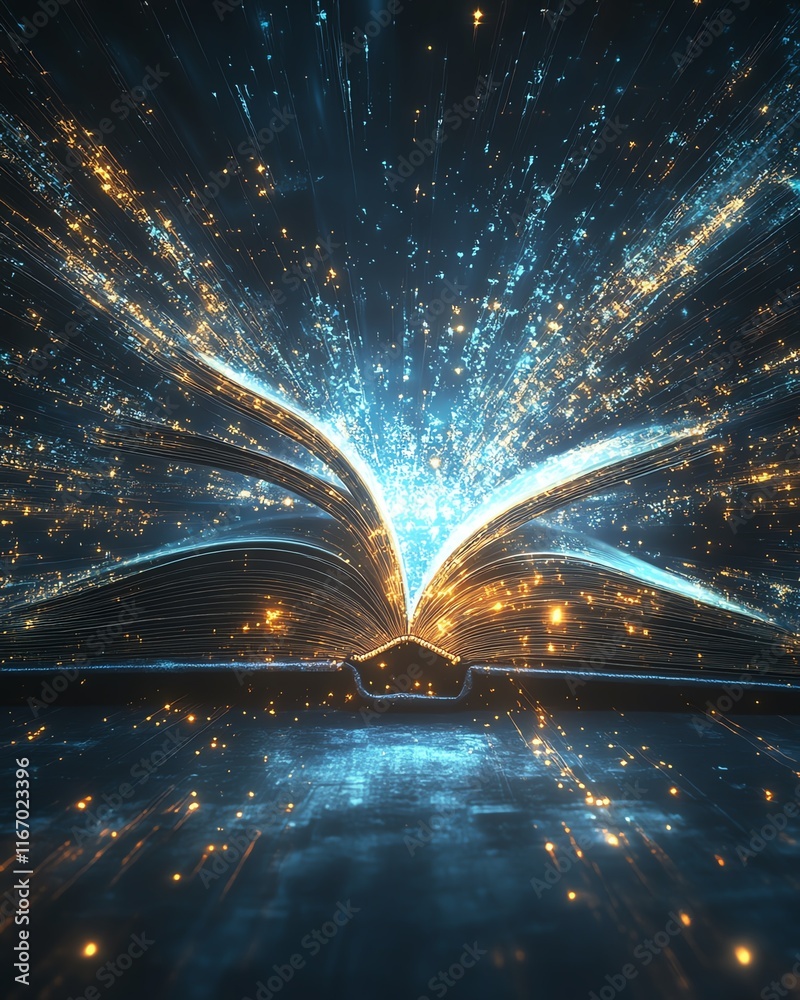Fototapete open book with a glowing, ethereal light, casting captivating rays that create an abstract, technolo