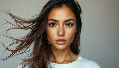 Naklejka premium hair blowing closeup portrait of mixed race model with freckles watching to the camera directly, minimalism. isolated with white highlights