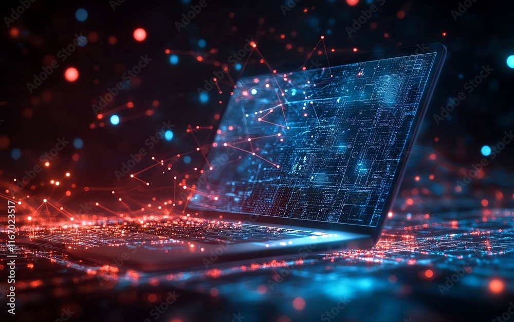 Aufkleber Abstract technology background featuring a sleek laptop, with a network of interconnected nodes and circuits, capturing the essence of innovation and seamless connectivity