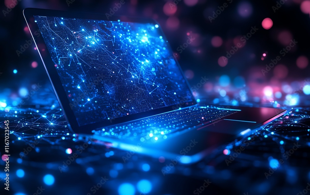 Poster Abstract technology background featuring a sleek laptop, with a network of interconnected nodes and circuits, capturing the essence of innovation and seamless connectivity