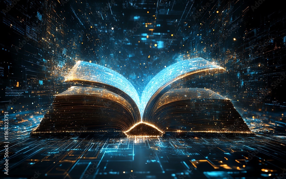 Fototapete Ethereal glow emanating from an open book, casting rays of light that blend into an abstract technologyinspired background, showcasing digital innovation and creativity