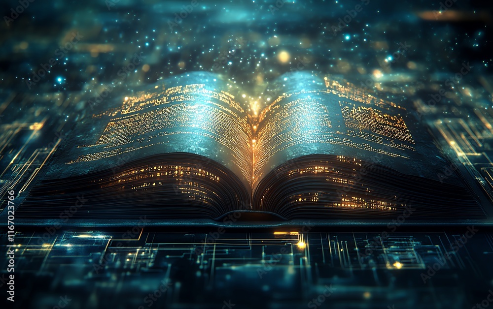 Fototapete ethereal glow emanating from an open book, casting rays of light that blend into an abstract technol