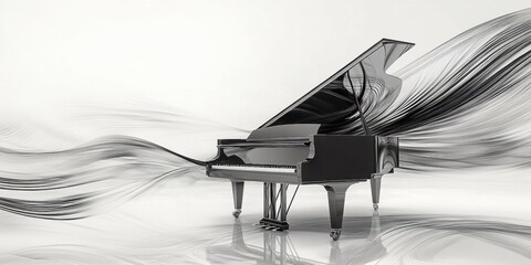 A sleek grand piano sits against a clean white background, with flowing black lines resembling musical notes emanating from it, creating a sense of harmony