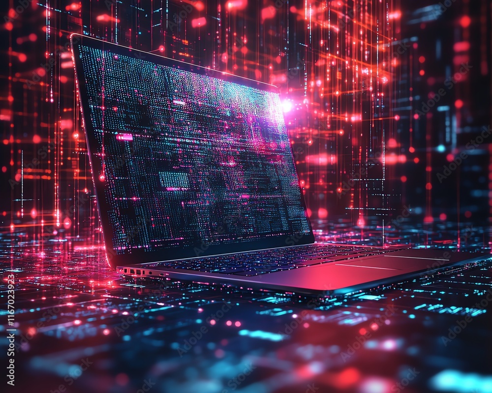 Aufkleber Futuristic laptop set in a dynamic abstract technology scene, featuring interconnected nodes and circuits, representing the digital age of connectivity and innovation