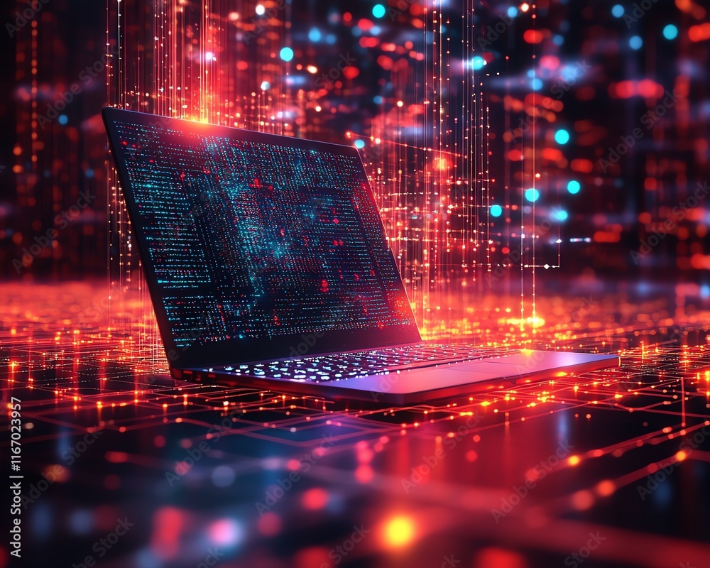 Aufkleber Futuristic laptop set in a dynamic abstract technology scene, featuring interconnected nodes and circuits, representing the digital age of connectivity and innovation