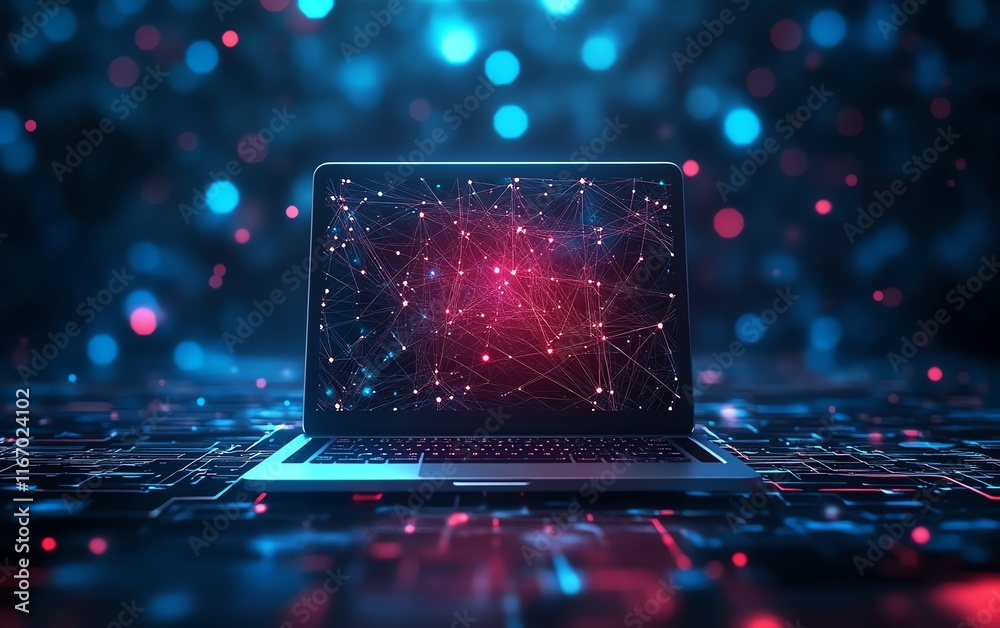 Aufkleber Laptop against a dynamic abstract technology backdrop, showcasing a network of interconnected circuits and nodes, symbolizing innovation and connectivity in the digital age