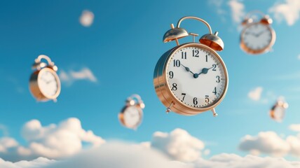 A whimsical scene of floating alarm clocks against a blue sky, symbolizing the passage of time and dreams.