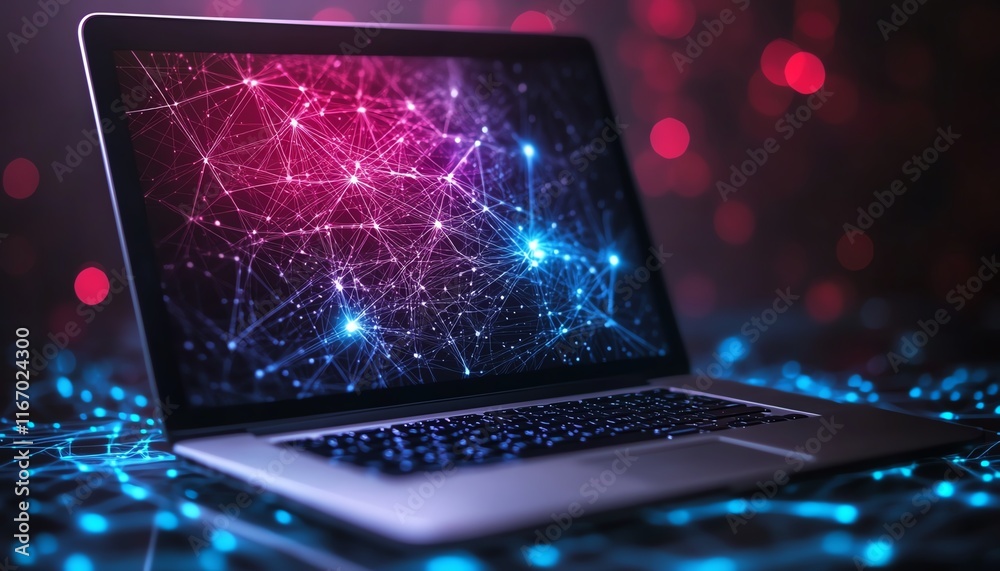 Fototapete Modern laptop set against an abstract tech background, featuring interconnected nodes and circuits, symbolizing cuttingedge innovation and digital connectivity