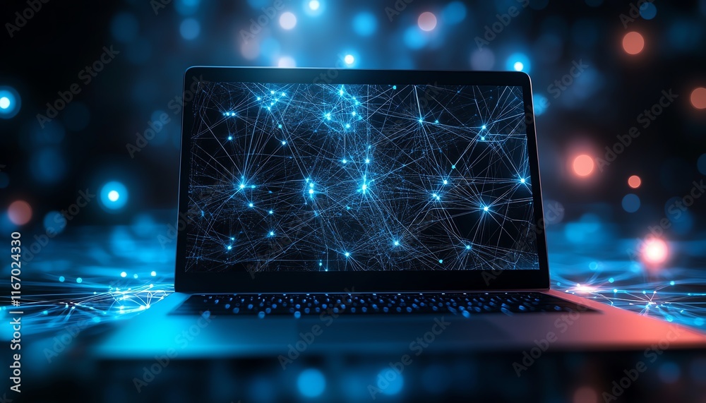 Fototapete Modern laptop set against an abstract tech background, featuring interconnected nodes and circuits, symbolizing cuttingedge innovation and digital connectivity